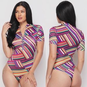 💜 Jersey Mock Neck Striped Printed Bodysuit Purple